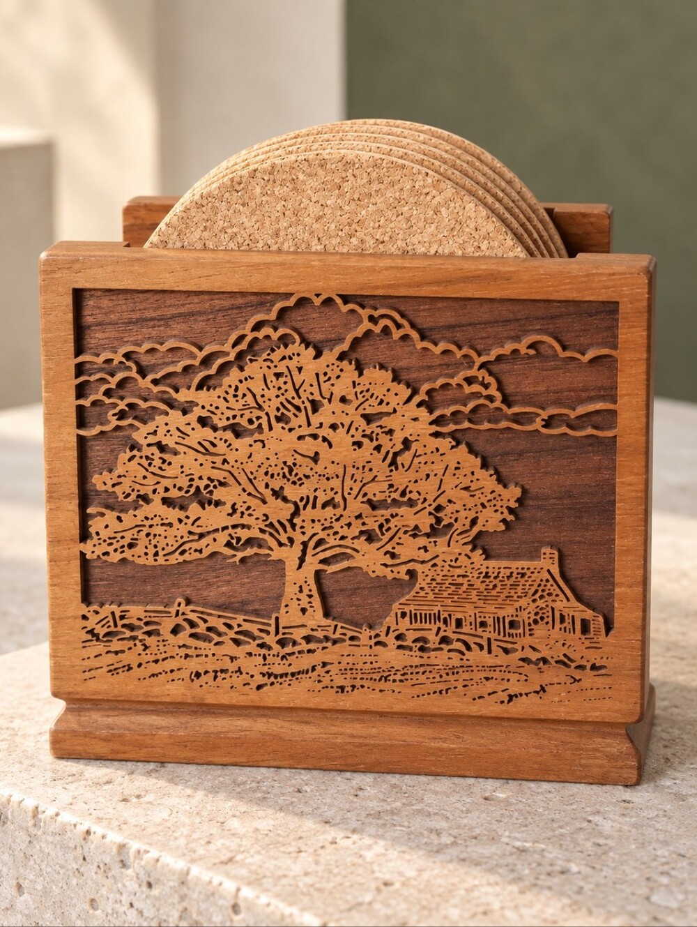 Vintage Lasercraft Walnut Coaster Holder 6 Cork Coasters Tree Cabin USA